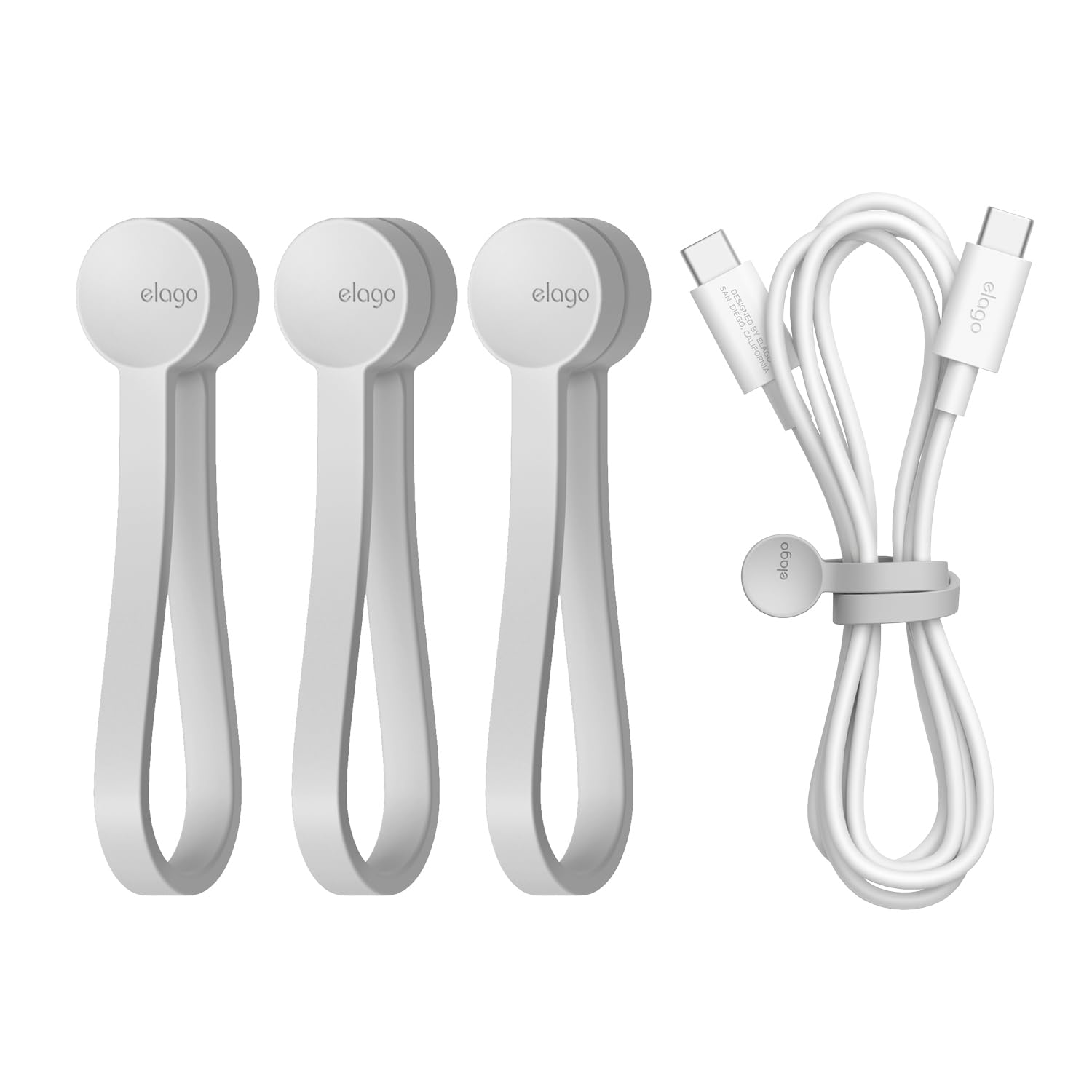 Elago Light Grey 3 Pack Magnetic Cable Ties, Premium Silicone Cord Organizer, Reusable Strong Magnet Cable Organizer, Elegant Desk Management Solution (Light Grey)