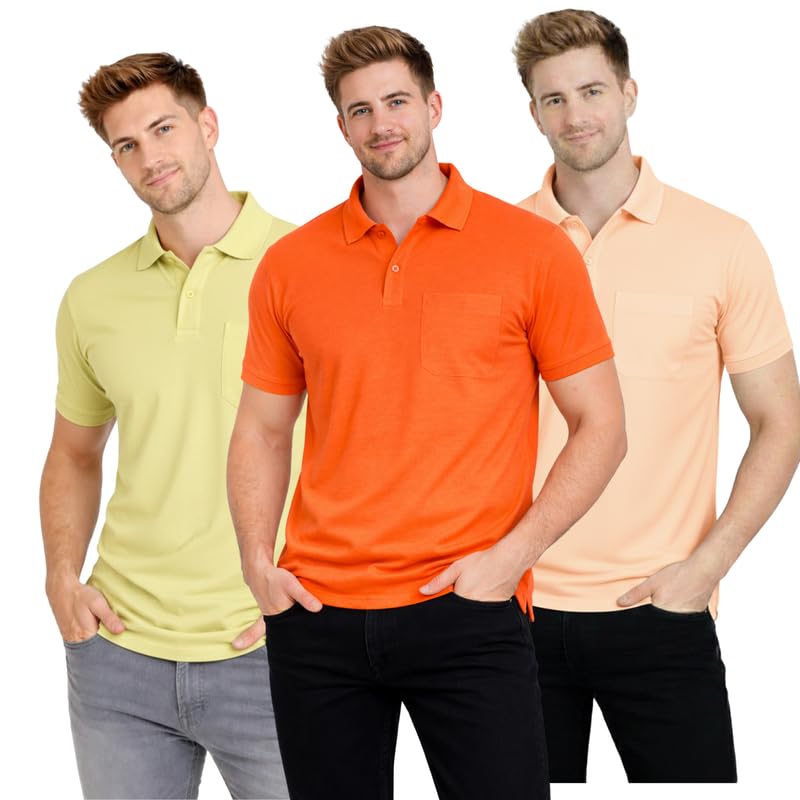 Image of SMAN Polo Neck T-Shirt Pack of 3 for Men & Boys | Half Sleeve Collar Tee with Pocket | Premium Spun Matty Fabric | Casual & Office Wear | Sizes M to 2XL | FX PO3 MCR ORN PCH