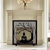 Tree of Life and Buddha Fireplace Screen, Stand Alone Fireplace Cover, Buddha Meditation Furnace Fireguards, Tree of Life and Buddha Metal Gate Cover, Spiritual Home Decor (33'x33'|84x84cm)