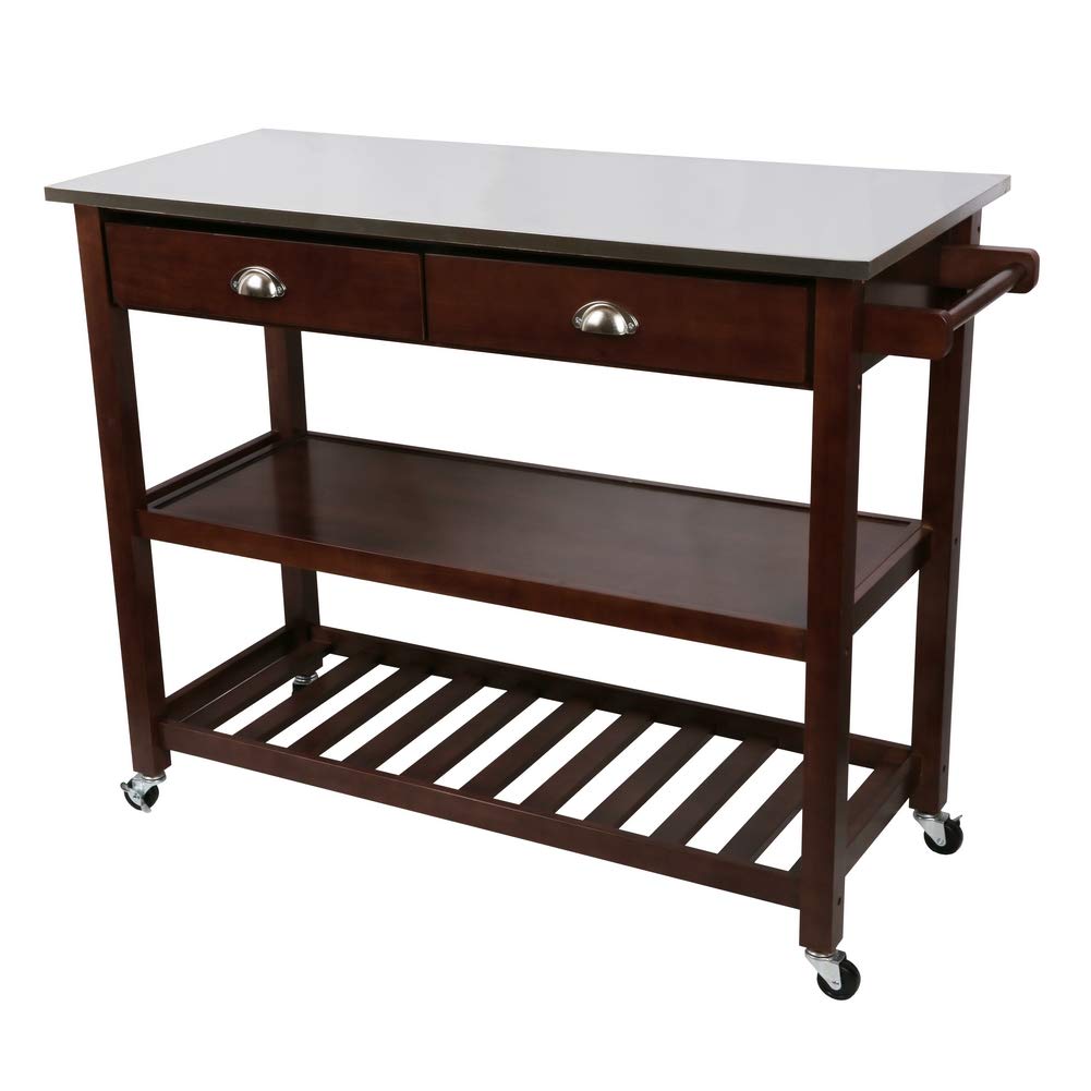 Homegear Kitchen Island Rolling Utility Trolley Cart with 2 Drawers Stainless Steel Top (Brown)