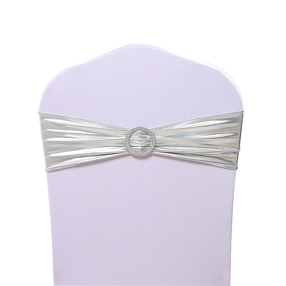 Tvoip 10PCS Chair Cover Stretch Band with Buckle Slider Sashes Bow Wedding Banquet Chair Decoration (Metallic Silver)