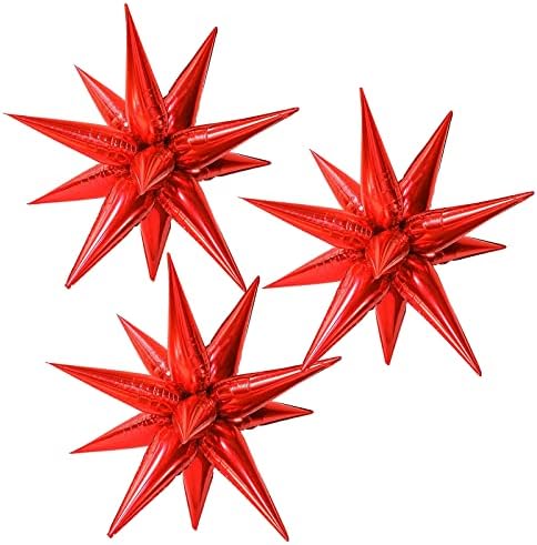 CYMYLAR 3pcs 26inch 3D Explosion Star foil balloon, red Foil Cone Starburst Balloons for Birthday Wedding New Year Party Event