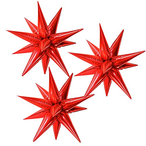 Cymylar 3Pcs 26Inch 3D Explosion Star Foil Balloon, Red Foil Cone Starburst Balloons For Birthday Wedding New Year Party Event #TOP2