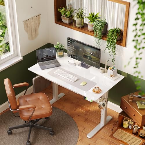 Image of INNOVAR Glass Standing Desk with Drawers 48x24 Inch Super White