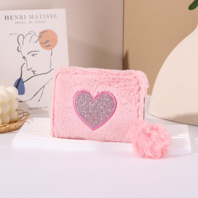 Coin Purse Credit Card Holder Furry Wallets Cute Wallet Zipper Coin Purse for Women Mini Coin Pouches with Plush Ball Pendant Wallet (pink)