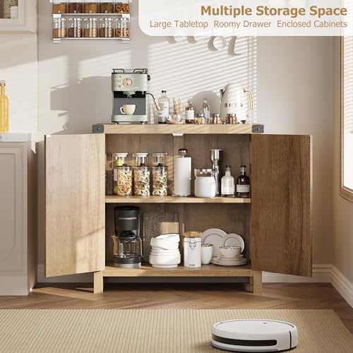 GarveeHome Rattan Sideboard Buffet Cabinets with Storage, Farmhouse Kitchen Accent Storage Cabinet, Boho Wooden Coffee Bar Cabinet for Dining Room, Living Room, Hallway, Natural