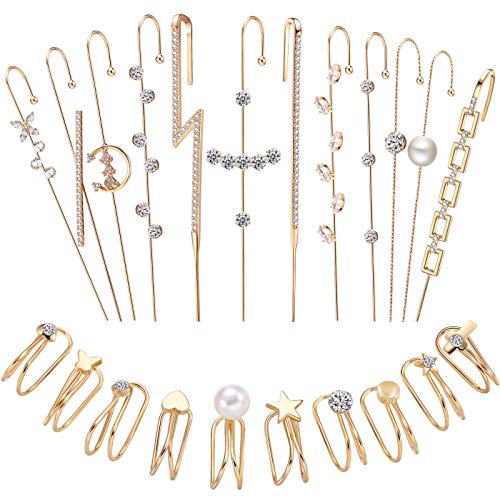 22 Pieces Ear Cuff Wrap Crawler Hook Earrings Ear Cuff Earrings Gold Climber Earrings Set Rhinestone Crawler Piercing Earrings Cartilage Clip on Earrings for Women Girls