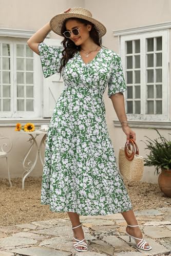 Image of Keluummi Plus Size Maxi Dress for Women V-Neck Floral Empire Waist 3 /4 Sleeve with Pockets(14 Plus, 02 - Green Floral)