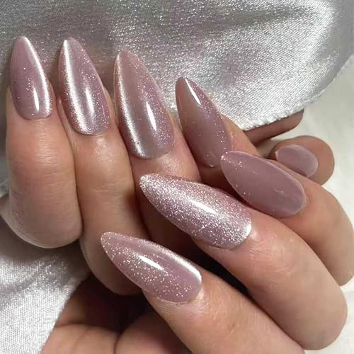 24Pcs Purple Press on Nails Medium Almond Length Glitter Fake Nai...