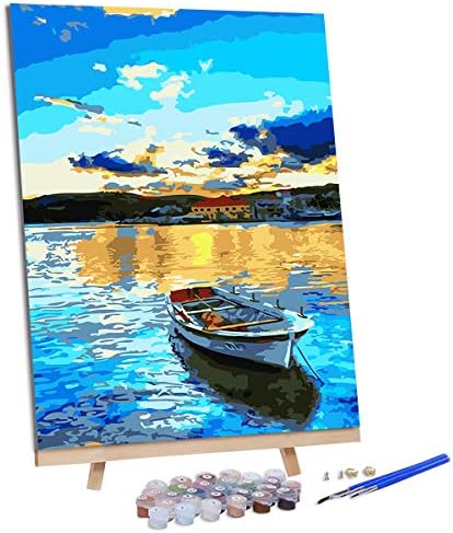 AOLIGE DIY Plaid Oil Paint by Numbers for Adults Acrylic Canvas Framed and Easel 16” x 20” (Lake)