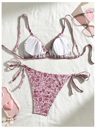 Milumia Women's 2 Piece Swimsuit Floral Drawstring Spaghetti Strap Thong Bikini Set2