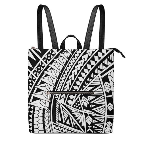 Chic Travel Pu Backpack Ladies Work Office Polynesian Art Motif Roomy Zipper Slim Profile Lightweight Daily Use