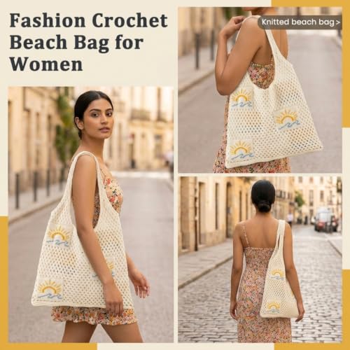 Image of PALAY Crochet Tote Bag Shoulder Bag Floral Hand Bag Hollow Out Bag Casual Tote Bag Multi-Purpose Crochet Travel Tote Bags for Women Office Use, College