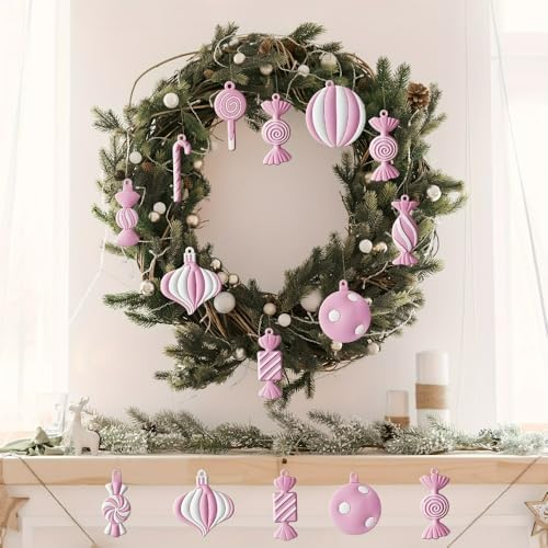 10 peças de enfeite de Natal rosa e branco, enfeites de pirulito de bengala doce de PVC, ideal para enfeites de árvore de Natal e artesanato de festa de aniversário