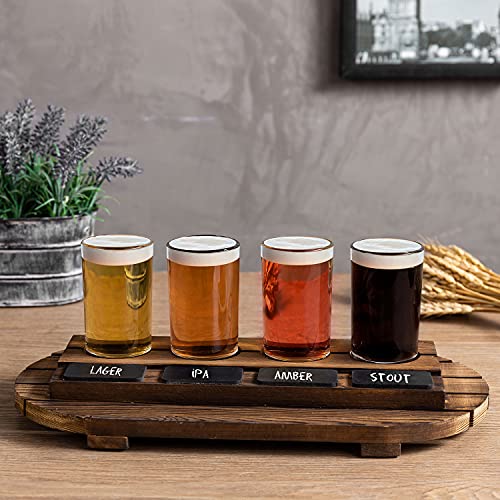 Mygift Rustic Dark Brown Slatted Wood Beer Flight Tasting Sampler Tray Server Set With 4 Glass Cups And Mini Chalkboard Labels #TOP2