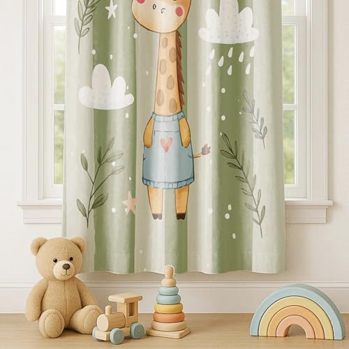 Image of STITCHNEST Velvet Kids Curtains Pack of 2 | Cartoon Giraffe in Dress Print | Semi Blackout Curtains for Nursery, Baby & Toddler Room | 7 Feet