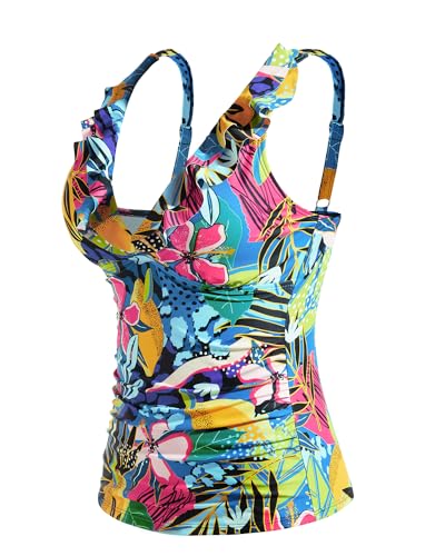 Image of Yonique Women's Tankini Top Only Tummy Control Bathing Suit Top Ruffle Swimsuit Top V Neck Swim Tank Top No Bottom