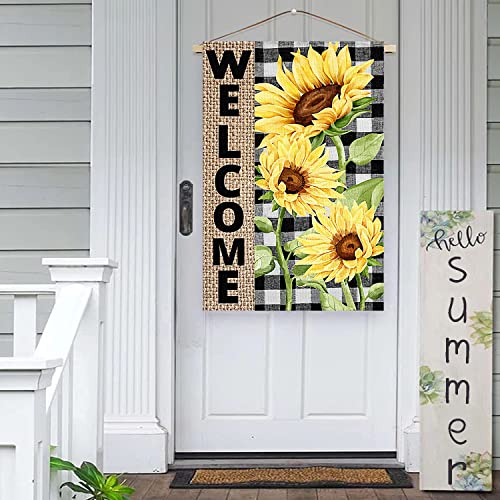Surfapans Summer House Flag Sunflower Welcome 28X40 Inch Double Sided Outside Buffalo Check Plaid Burlap Outdoor Yard Large Flags Seasonal Porch Holiday Decoration #TOP2