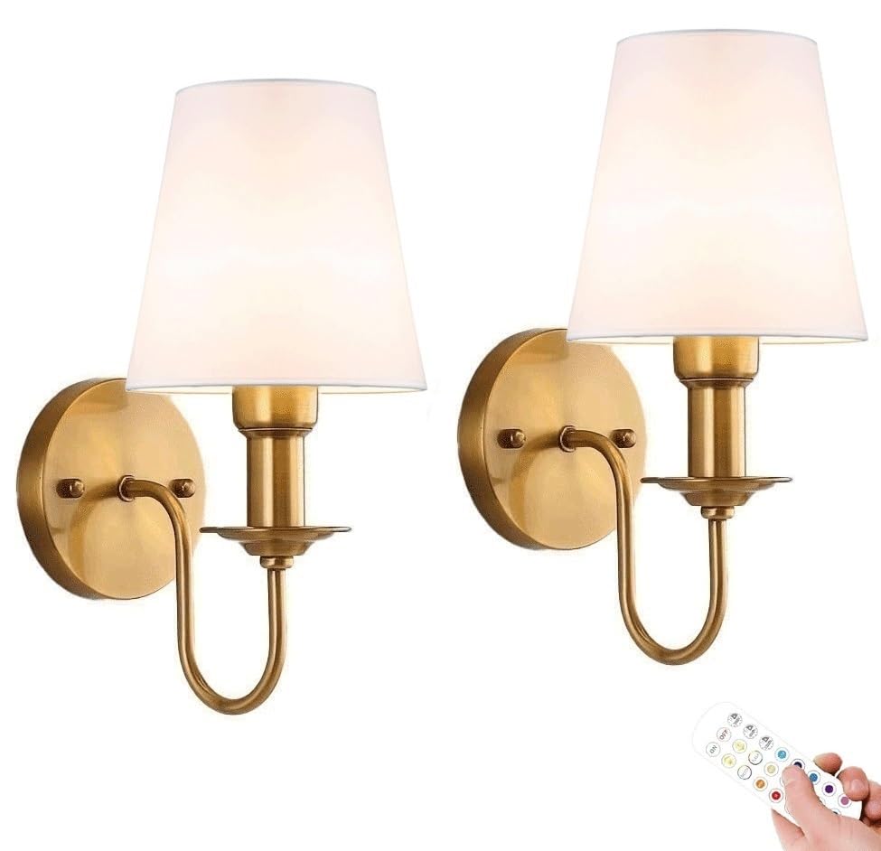 Wireless Battery Operated Wall Sconces Lights with Remotes & Bulbs, Antique Gold Rechargeable Wall Sconce Dimmable Timeable with White Fabric Shade, for Bedroom Living Room Hallway Vanity Staircase