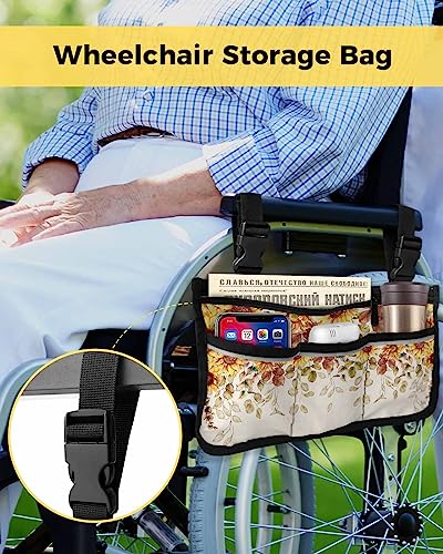 Eucalyptus Leaves Fall Wheelchair Side Bag Walker Bag, Country Autumn Sunflower Botanical Wheelchair Accessories Armrest Pouch, Organizer Storage Bag for Walkers, Rollators, 7.3''x13''