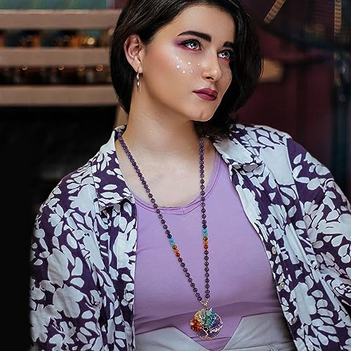 Top Plaza 7 Chakra Healing Crystal Natural Round Gemstone Pendant Necklace Life Tree Copper Wire Wrapped Beads Necklaces Reiki Jewelry for Women3
