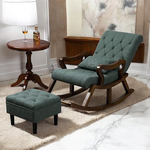 Image of Solid Sheesham Wood Rocking Chair for Living Room with Footrest and Pillow | Ergonomic Resting Chair with Ottoman for Relaxing and Pregnant Women (Green)