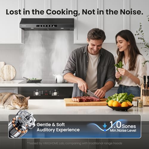 Image of VIKIO HOME 30 Inch Under Cabinet Range Hood 900 CFM, Dual Motor Powerful Kitchen Vent Hood, Gesture & Touch Control, Ultra Quiet DC Motor, Dishwasher-Safe Filters, LED Lights, Black