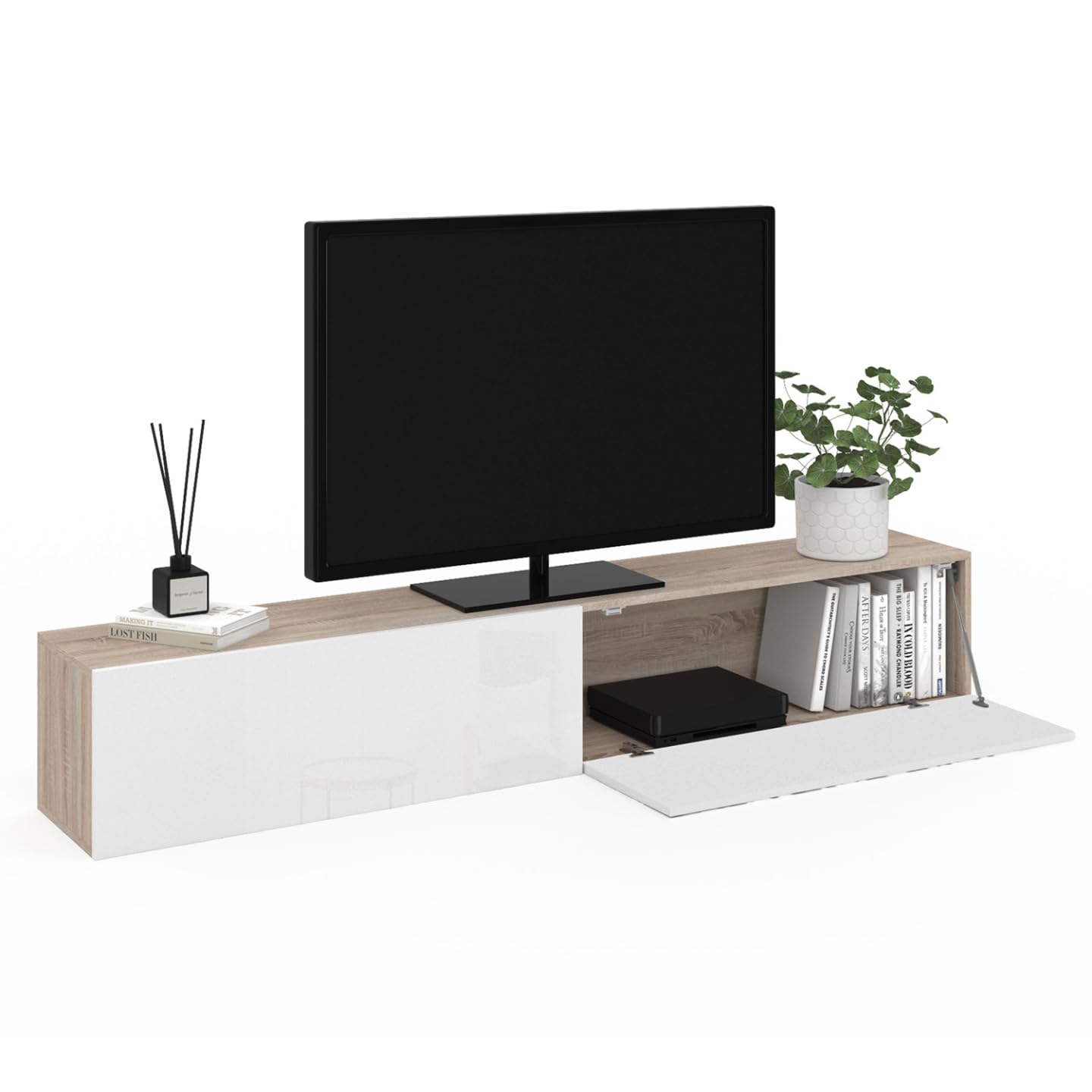 IDMarket - Mueble TV suspendido ELIO 2 puertas madera y blanco 180 cm