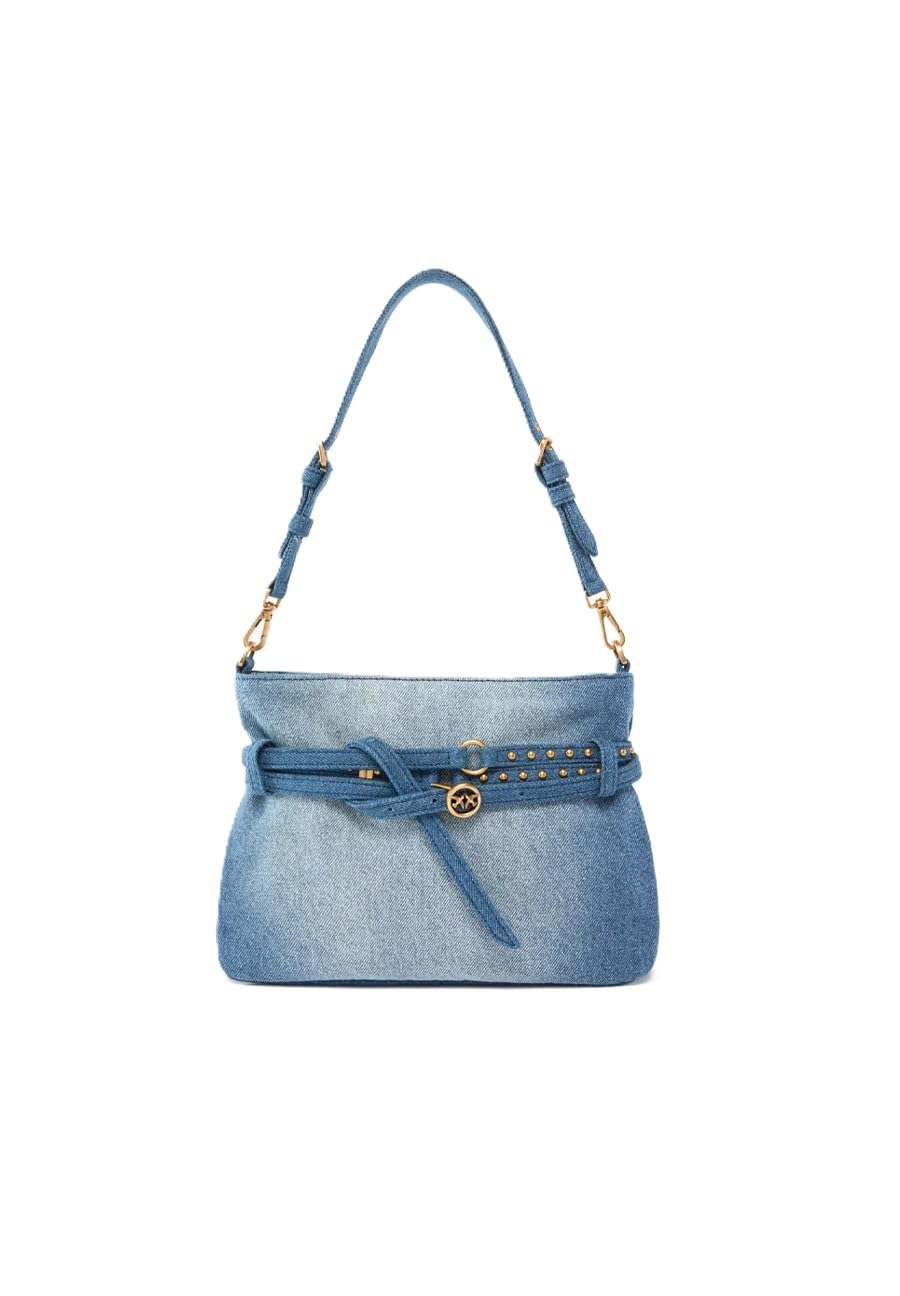 Pinko Mini Belt Bag in Denim con Borchie, Lavaggio Medio, 27x17x3 cm, Tracolla Regolabile e Amovibile