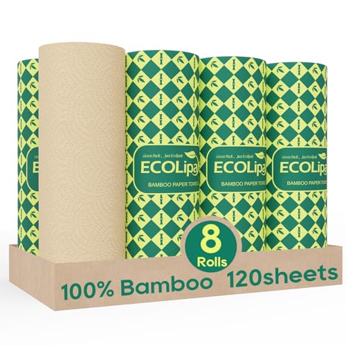 ECOlipak Paper Towels - 8 Rolls 2 Ply 120 Sheets- Plastic Free Tree Free Compostable Disposable Kitchen Paper Towels Soft and Absorbent PFAS Free Nature
