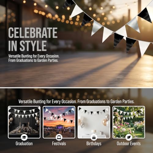 Image of 130FT Black White Silver Triangle Pennant Banner Flag Metallic Fabric Bunting Garland for Christmas Graduation Birthday Wedding Bridal Shower Nautical Ahoy Achor Theme Party Decorations Supplies