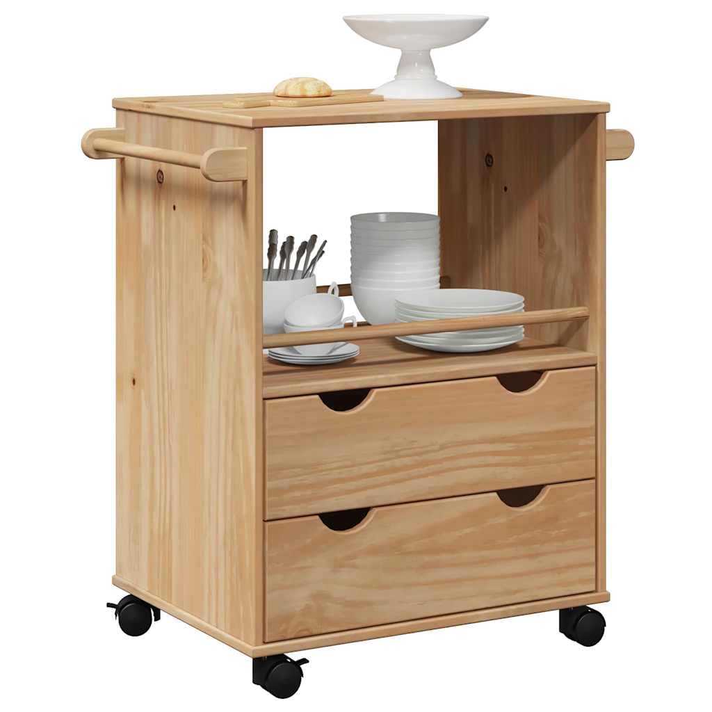vidaXL Carrito de Cocina, Carro Organizador de Almacenamiento, Carrito de Servicio de Alimentos, Carro de Verduras Bebidas, Madera Maciza de Pino