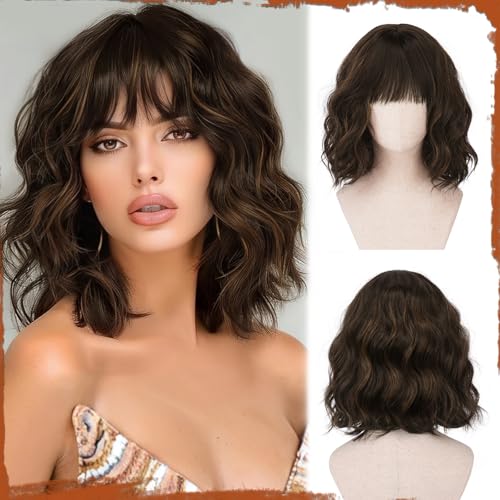 Sofeiyan Kurze Gewellte Bob Perücke mit Pony Damen 30 cm Braun mit Highlights Synthetische Perücke für Frauen Natürliche Lockige Perücke für Cosplay Alltag Party Halloween