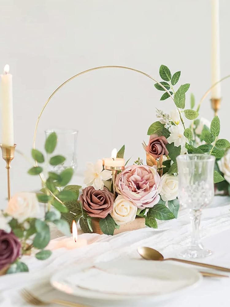 15 centrotavola floreali in metallo, decorazioni da tavolo, centrotavola con supporto, 15 supporti in legno, 30 fiori artificiali, 30 foglie, per matrimoni, fai da te, decorazioni artigianali (bianco