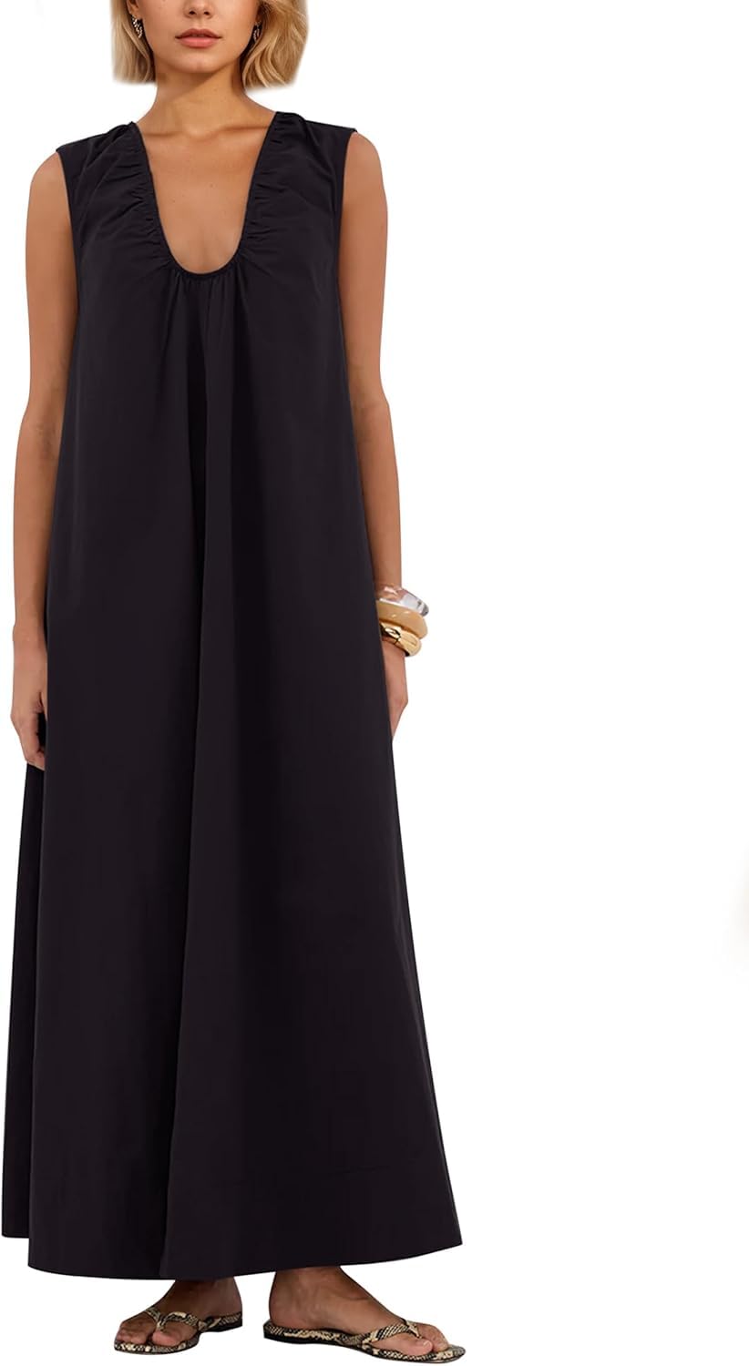 Llecdaseui Women's Black Scoop Neck Ruched Maxi Dress Flowy Swing Wide Straps Long Dress Casual Sleeveless Sundress With Side Pockets (,M)