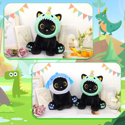 Image of Dinosaur Plush Toys, 8inches Black Cat Plush with Green Dino Plushie Hood | Cute Plushies Shiny Dinosaur Stuffed Animal Doll Toy Birthday Gifts for Kids Boys Girls