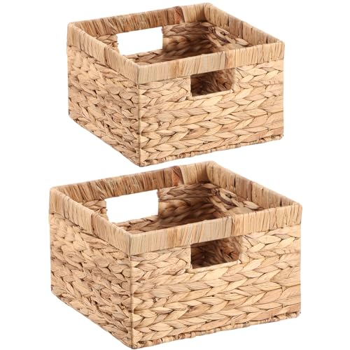 YheenLf Cestas de Almacenamiento Tejidas, Cestos Organizadoras para Organización y Almacenaje para Dormitorio, (Grande 30×30×17.5cm, Pequeño 25.5×25.5×16cm), Jacinto de Agua