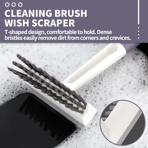 Image of Xicennego 3 Pack Kitchen Cleaning Brush Set,1 Pot and Dish Cleaning Brush with Long Handle,1 Kitchen and Bathroom Brush with Scraper Strip, 1 Hard-Bristled Brush for Sink, Countertops, Tiles(Grey