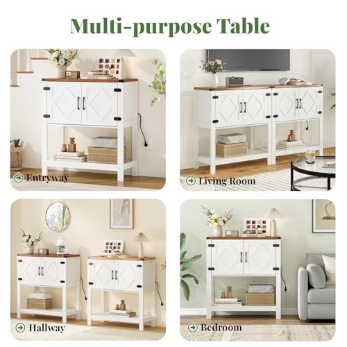 AYEASY Entryway Console Table Farmhouse Coffee Bar Station with Power Outlets Storage Couch Table Sideboard with 2 Doors Cabinet & Shelf for Living Room, Kitchen, Hallway, Foyer (Brown + White) — view 3