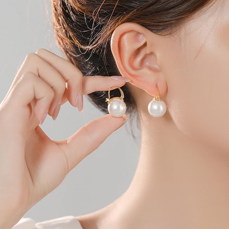 925 Sterling Silver Pearl Dangle Drop Earrings for Women Girls Hypoallergenic 14K Gold Plated Clasp Elegant Jewelry Size 14mm - Image 4