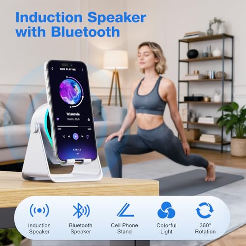 Image of TARKARI Wireless Induction Speaker, 5 in 1 Bluetooth Speaker, 360 Rotation Cell Phone Stand and Colorful Ambient Light, Compatible with iPhone iPad Android Tablet, Birthday Gifts for Him Women Men