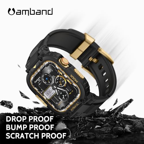 Image of amBand for Apple Watch Series 11 /10 42mm Bands Case for Men, M1 Sport Rugged Heavy Duty Bumper Protector Tactical Strap Military Protective Cover for iWatch Workout Accessory 42 mm - Black Gold