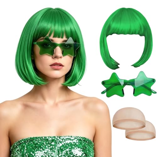 Green Wig Short Bob Wig With Star Sunglasses & Hair Net Reusable Hairpieces For Fashionable Party Cosplay Halloween Decor St Patricks Day