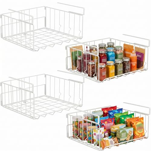 Resulzon Under Shelf Basket Storage, Steel Under Shelf Hanging Wire Baskets Shelves for Laundry Room Kitchen Desk Pantry Bookshelf (White, 4 Pack)