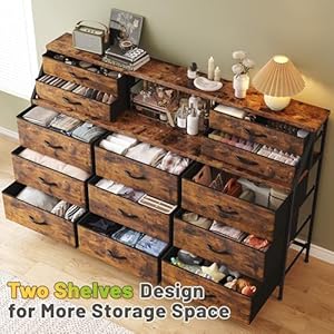 EnHomee 55”W Dresser for Bedroom, Dresser with 13 Large Drawer, Dressers & Chests of Drawers, Dressers with 2 Shelves, Bedroom Dresser, Long Dresser for Closet, Wooden Top Metal Frame Rustic Brown EnHomee 55W Dresser for Bedroom Dresser with 13 Large Drawer Dressers Chests of Drawers Dressers with 2 Shelves Bedroom Dresser Long Dresser for Closet Wooden Top Metal Frame Rustic Brown