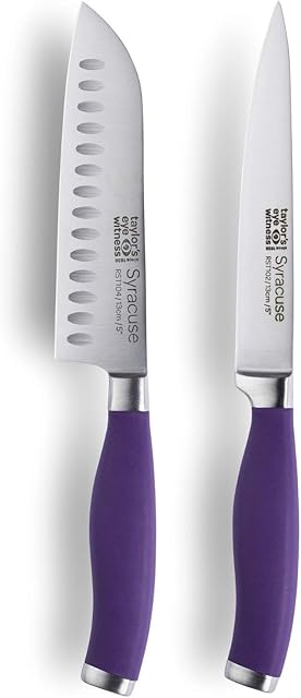 Taylors Eye Witness Syracuse Asian Kitchen Knife Set - Chefs Santoku 13cm/5 & Cooks All Purpose 13cm/5 Cutting Edge, Multi Use. Ultra Fine, Razor Sharp Blade. Soft Grip Purple Colour Handle.