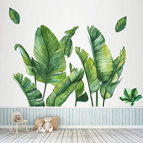 Image of Green Banana Leaf Tropical Plants Leaves Wall Decals Peel and Stick, Removable Jungle Tree Leaf Wall Stickers Mural, DIY Wall Art Decor Home Decorations for Bedroom Living Room Nursery, 29.5x43.3inch