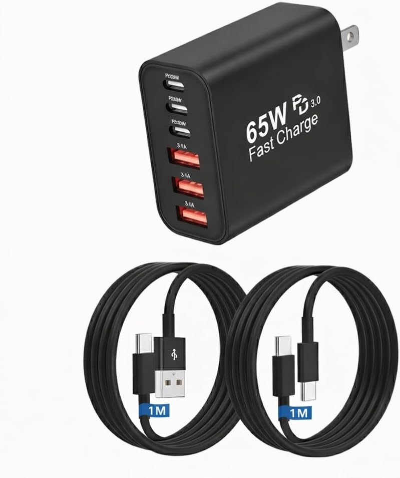 タイプc 充電器 USB Type-C 充電器 合計 PD65W 急速充電 GaNIII技術対応 USB-A & Type-C コンセント式電源アダプター 搭載 iPhone 17air/pro max/16/15/14/13/SE3 iPad、Android/タブレット (b黒1m1m, 65w)
