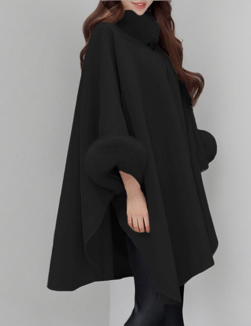 SEMATOMALA Women's Winter Wool Blended Faux Fur Coats Warm Baggy Oversized Shawl Wraps Cloak Trench Coat Poncho Cape Outwear