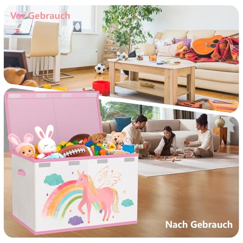 VERONLY Spielzeugkiste Aufbewahrungsbox mit Deckel Kinderzimmer- 83L Faltbar Groß Spielzeug Aufbewahrung Kinder karton mit Griffen für Mädchen Kinderzimmer Bücher Schlafzimme(Beige&Rosa)